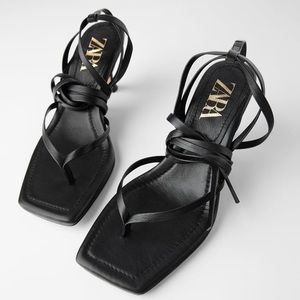 ZARA Leather Heeled Square Toe Sandals